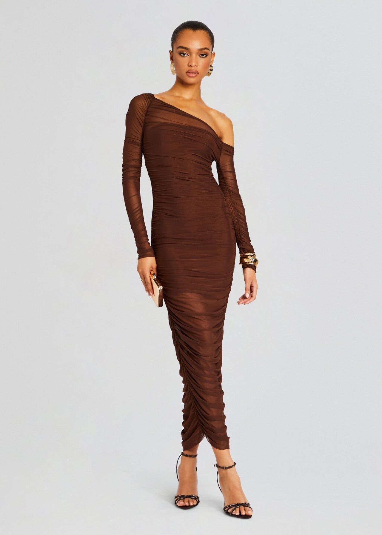 brown sheer long sleeve dress Elegant Sheer Sleeves Mesh Train Sequin Evening Dress Burgundy / L main image 1