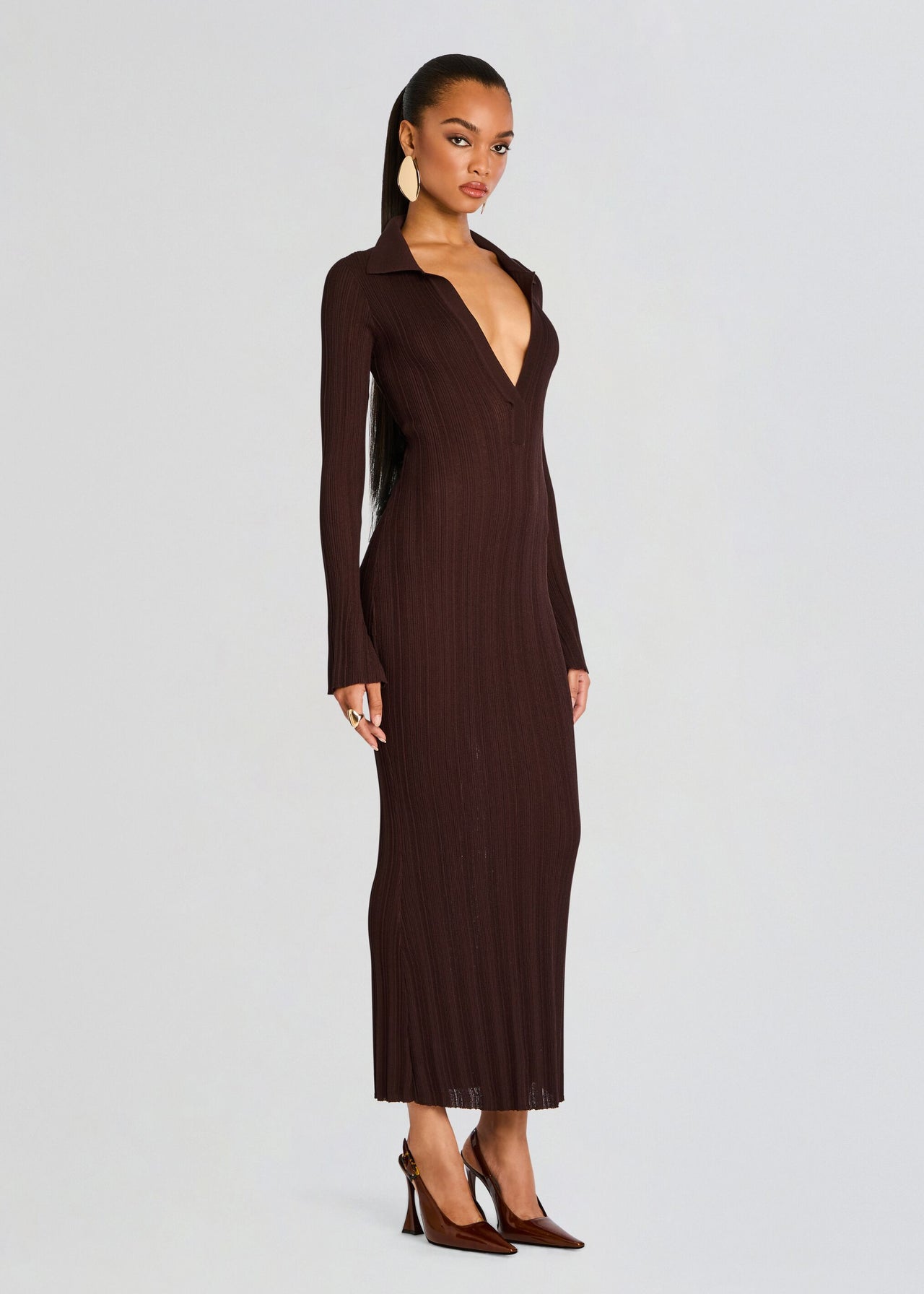 squire brown rib knit crew neck long sleeve a-line dress Polo Ralph Lauren Long Sleeve Cotton A-Line Midi-Dress