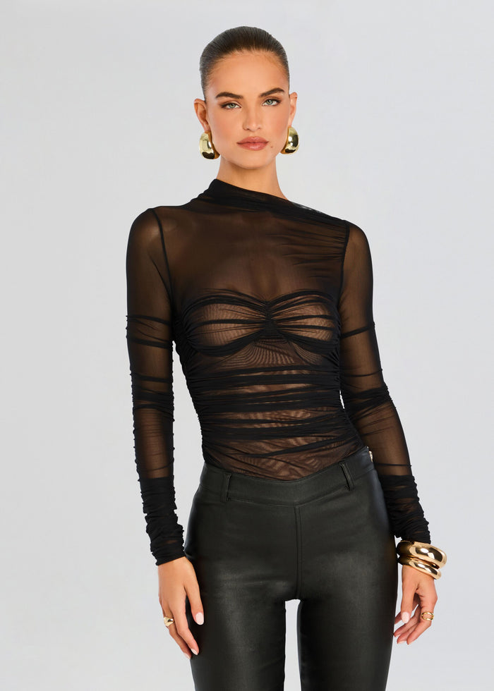Mila Ruched Bodysuit with Asymmetric Neck in sheer black fabric with gathered ruching at the bust. media 1 of 5