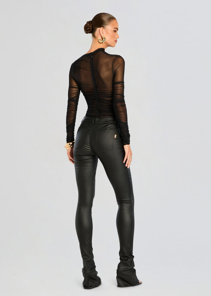 Back view of Mila Ruched Bodysuit with sheer long sleeves and ruched back panels media 4 of 5