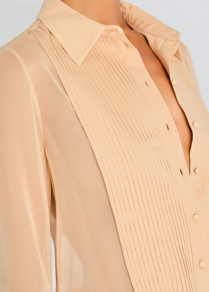 Close-up of Jemma Silk Blouse in peach with pintuck front panel and pointed collar. media 3 of 6