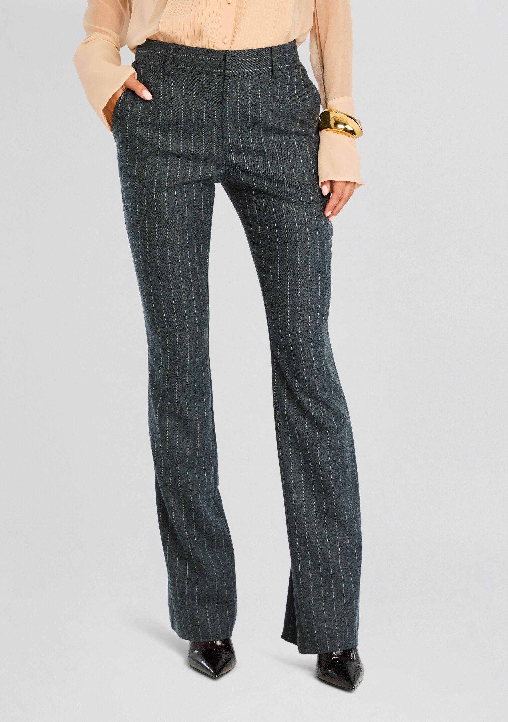 パンツ overdue flair : 25SS / PINSTRIPED SEMI BOOTCUT PANTS Women's High Waist Flare Leg Pants Split Front Bootcut Work