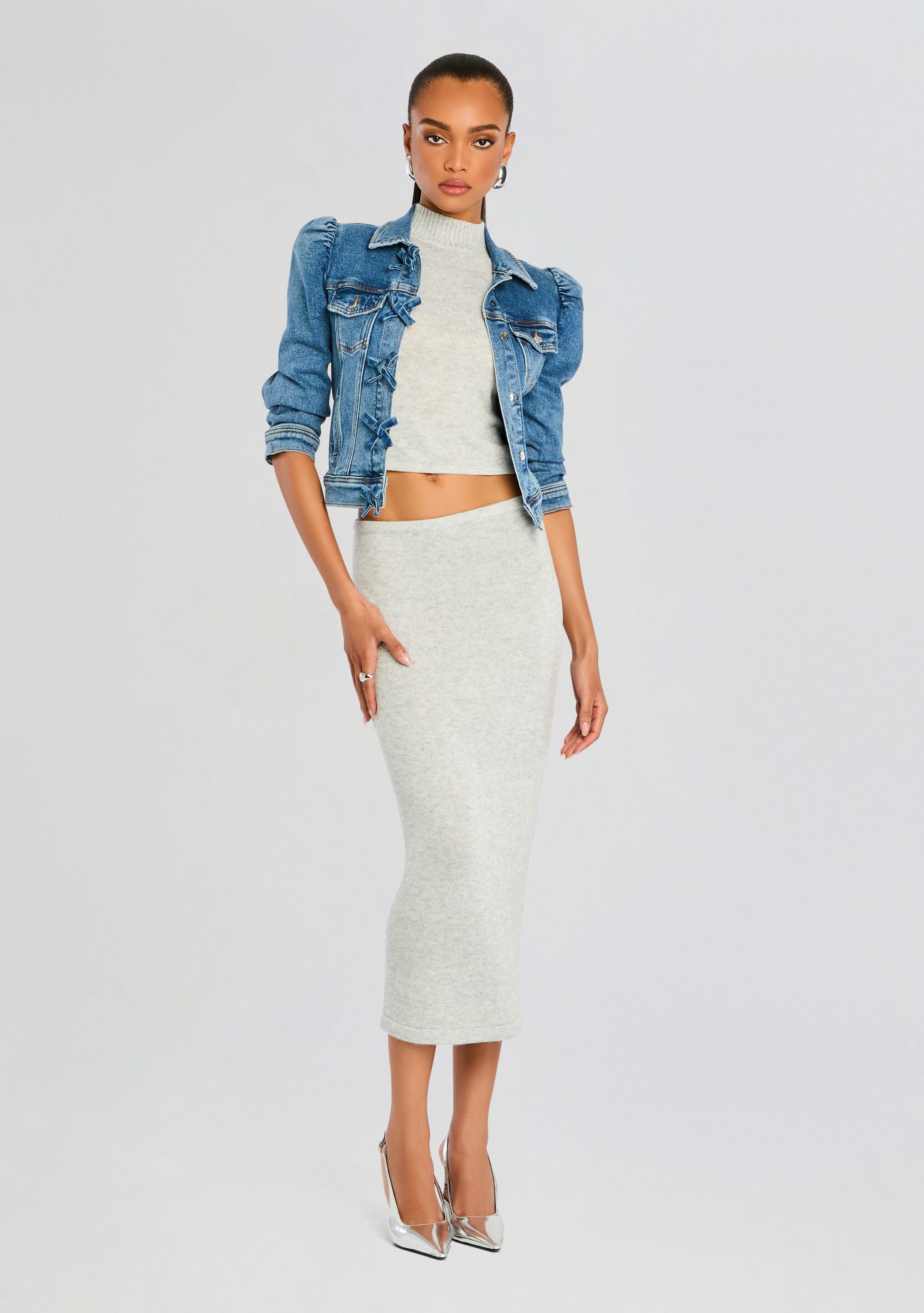 Denim jacket crop top pencil skirt hotsell