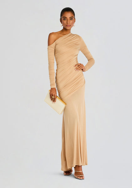 tan denise ruched dress Tan Denise Ruched Dress