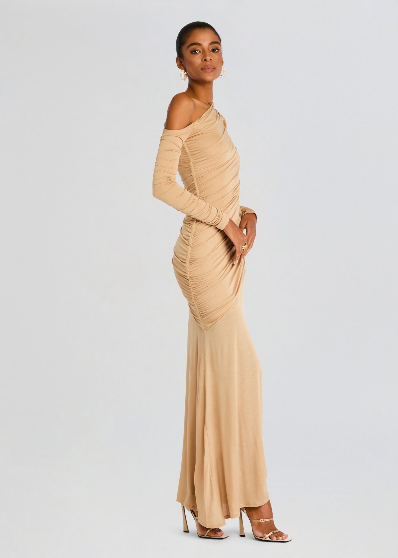 ruched tan dress Asymmetric Off Shoulder Ruched Maxi Dress