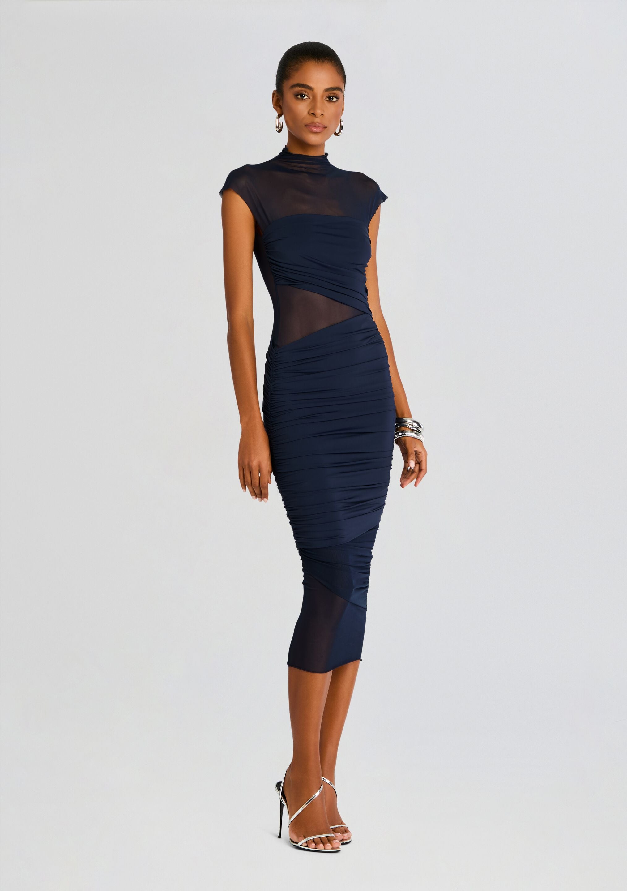 SER.O.YA Tabitha Mesh Ruched Midi Dress in Navy Size S