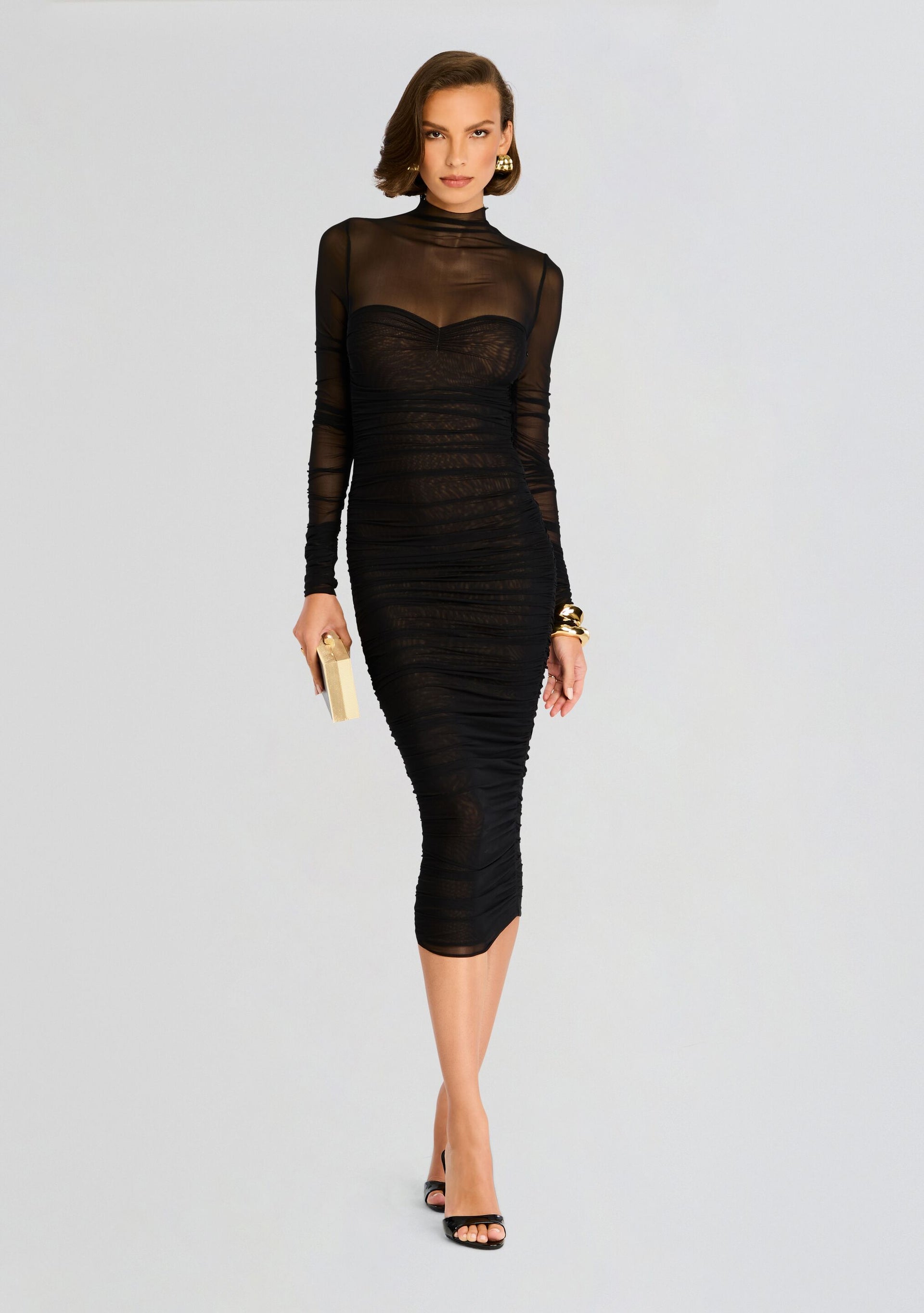knee length dresses for ladies Trina Mesh Ruched Midi Dress – Retrofete