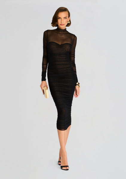 knee length dresses for ladies Trina Mesh Ruched Midi Dress – Retrofete