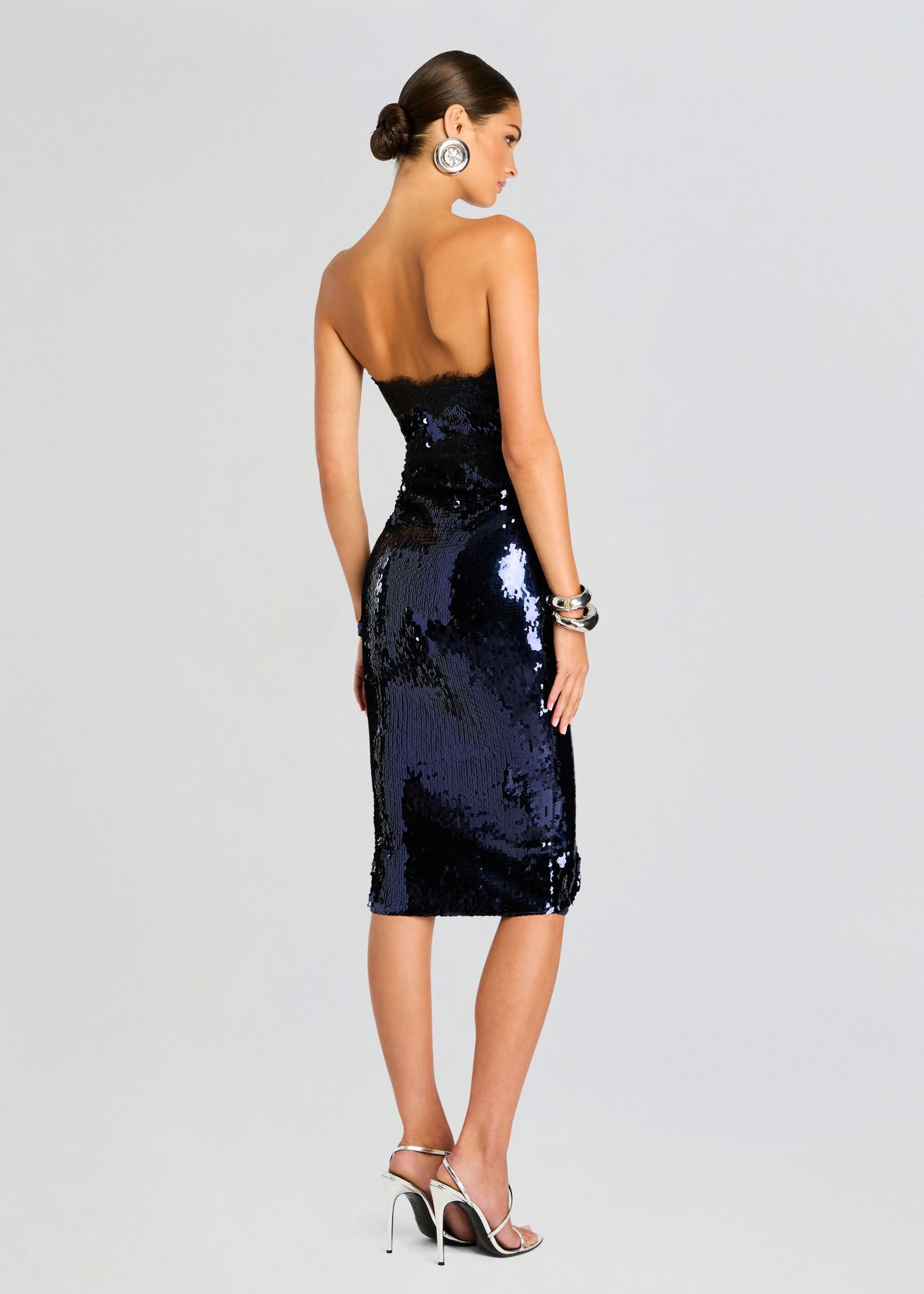 shoes to wear with navy sequin dress Arletta Strapless Sequin Mini Dress
