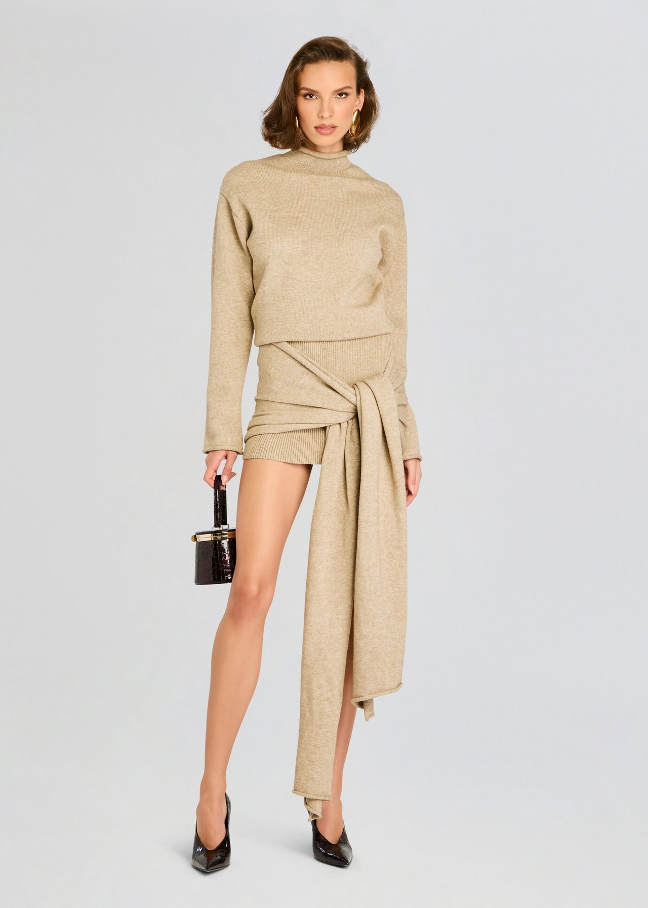 princess polly baby blue dress Women's Daily Solid Color Date Night Ribbed Knit Tie Waist Flare Sleeve V  Neck Maxi Sweater Dress In LIGHT COFFEE main image 1