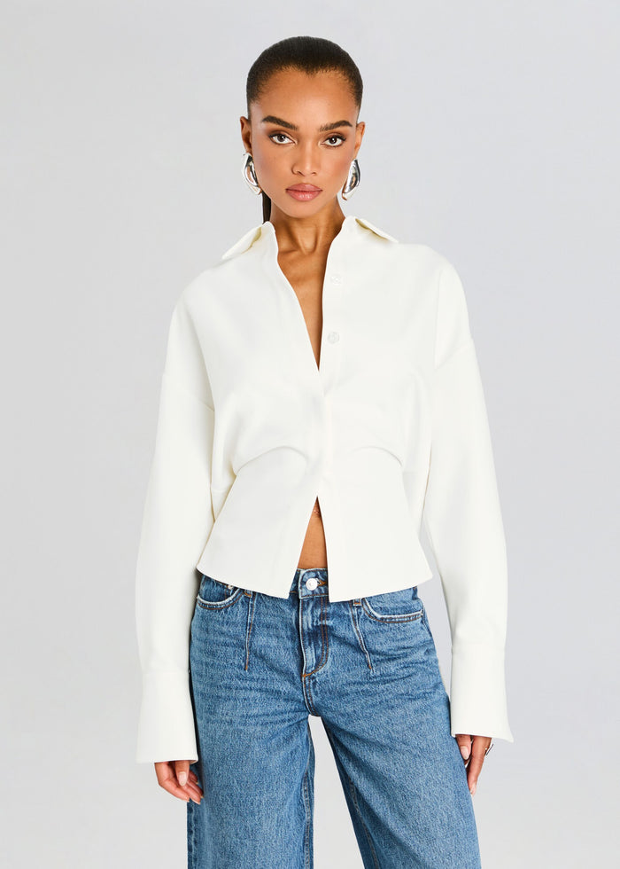 Rhia Crepe Draped Button Down