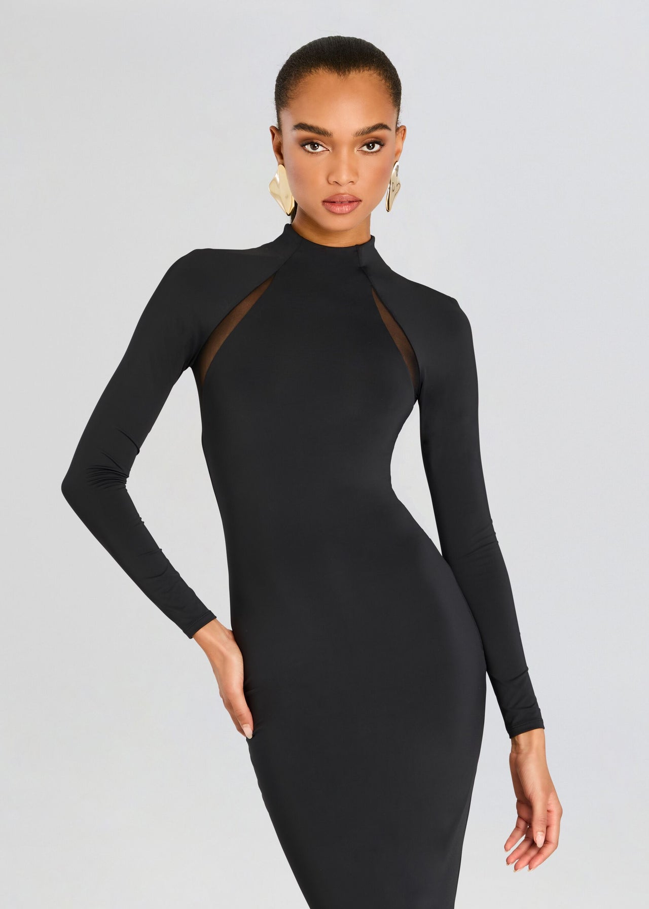 fitted lace wedding dress Amazonie Black Plunge-Neck Twisted Maxi Dress With Mesh Panels – Club L  London main image 1
