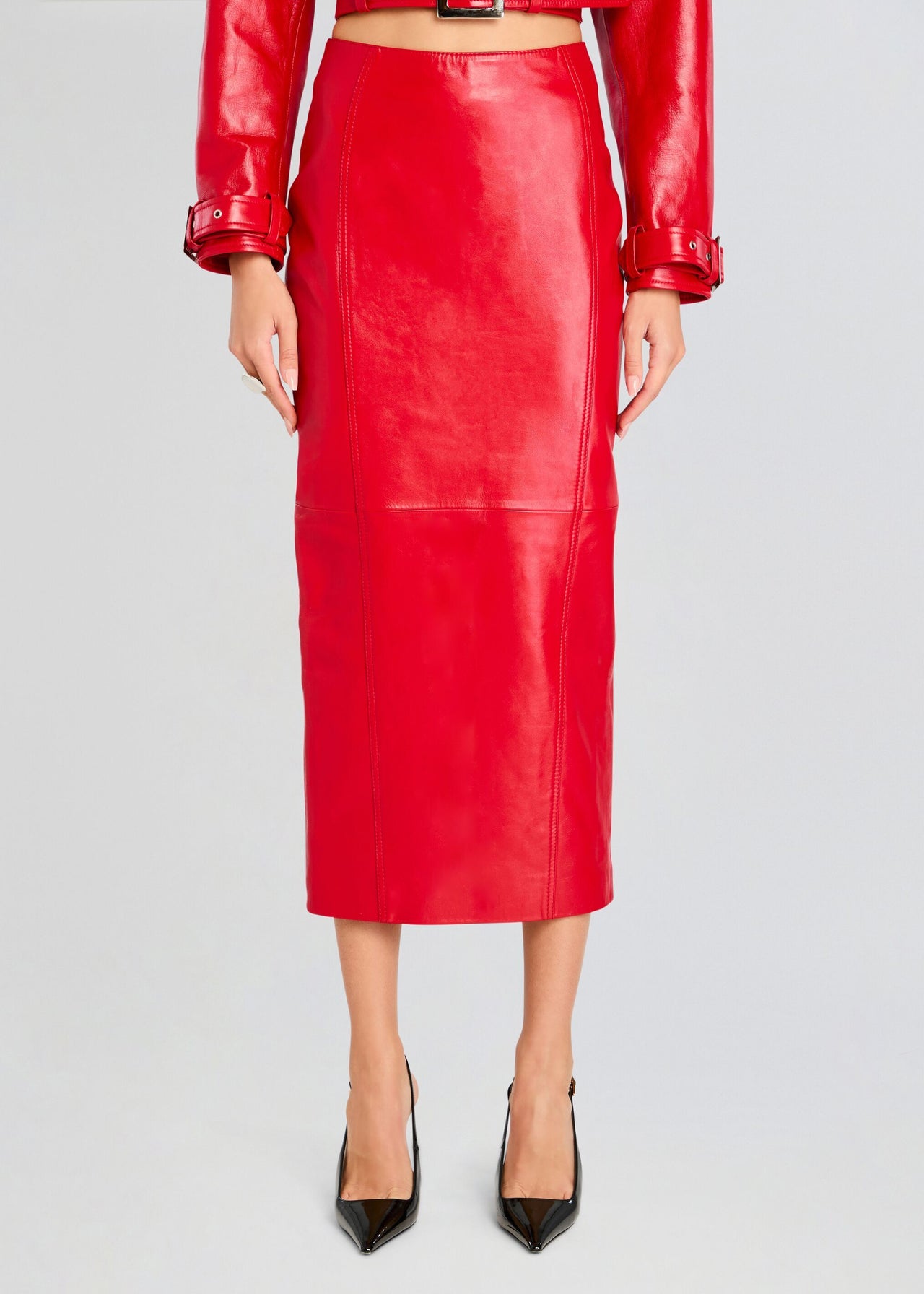 ISO red leather skirt Lipstick Red Leather Pencil Skirt as seen in Vogue by North  main image 3