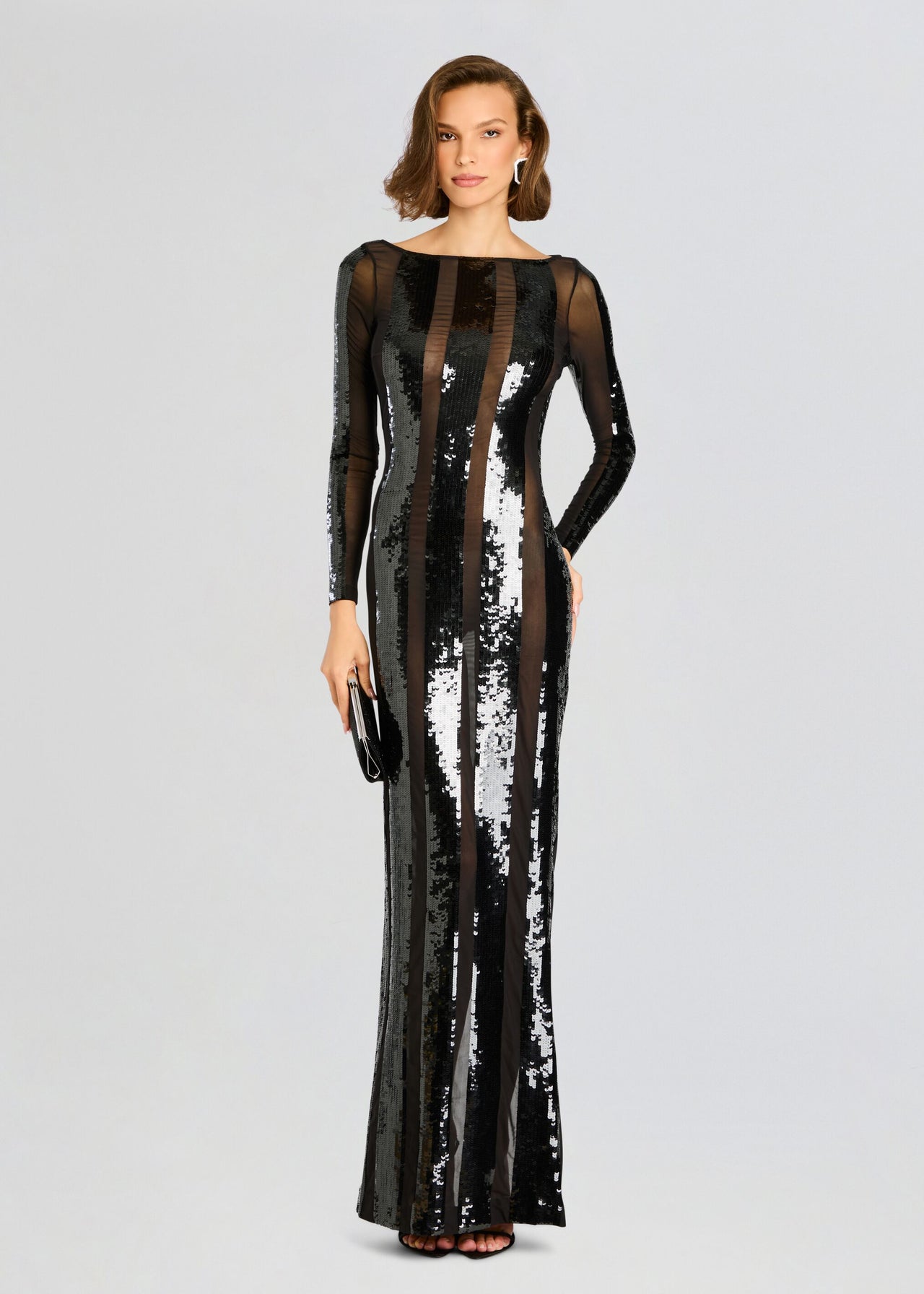 knee length dresses for ladies Black Sequin Long Mermaid Evening Prom Dresses, Long Sleeves One Shoud –  MarryLover main image 1