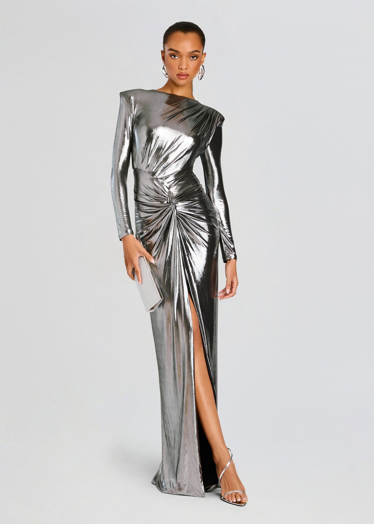 evening wedding dress guest Gray Off-Shoulder Embellished Evening Gown | Long Sleeve Crystal Maxi Dress  for Formal Galas & Black Tie Events main image 1