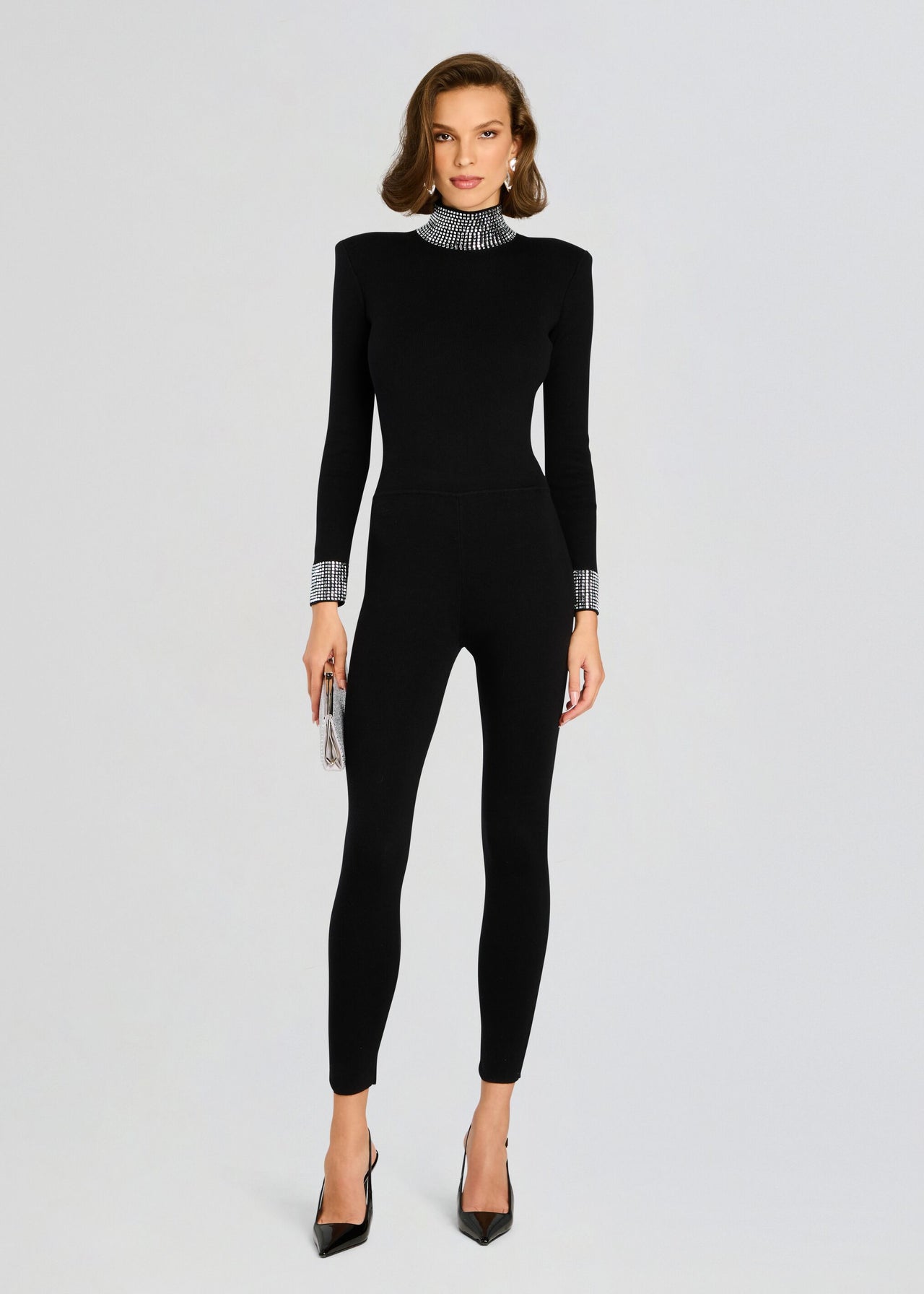 leann black rhinestone mini dress Leanne Embellished Jumpsuit – Retrofete Color:Champagne+Black HOLIDAY2025 midi black dress Chic 95% Polyester