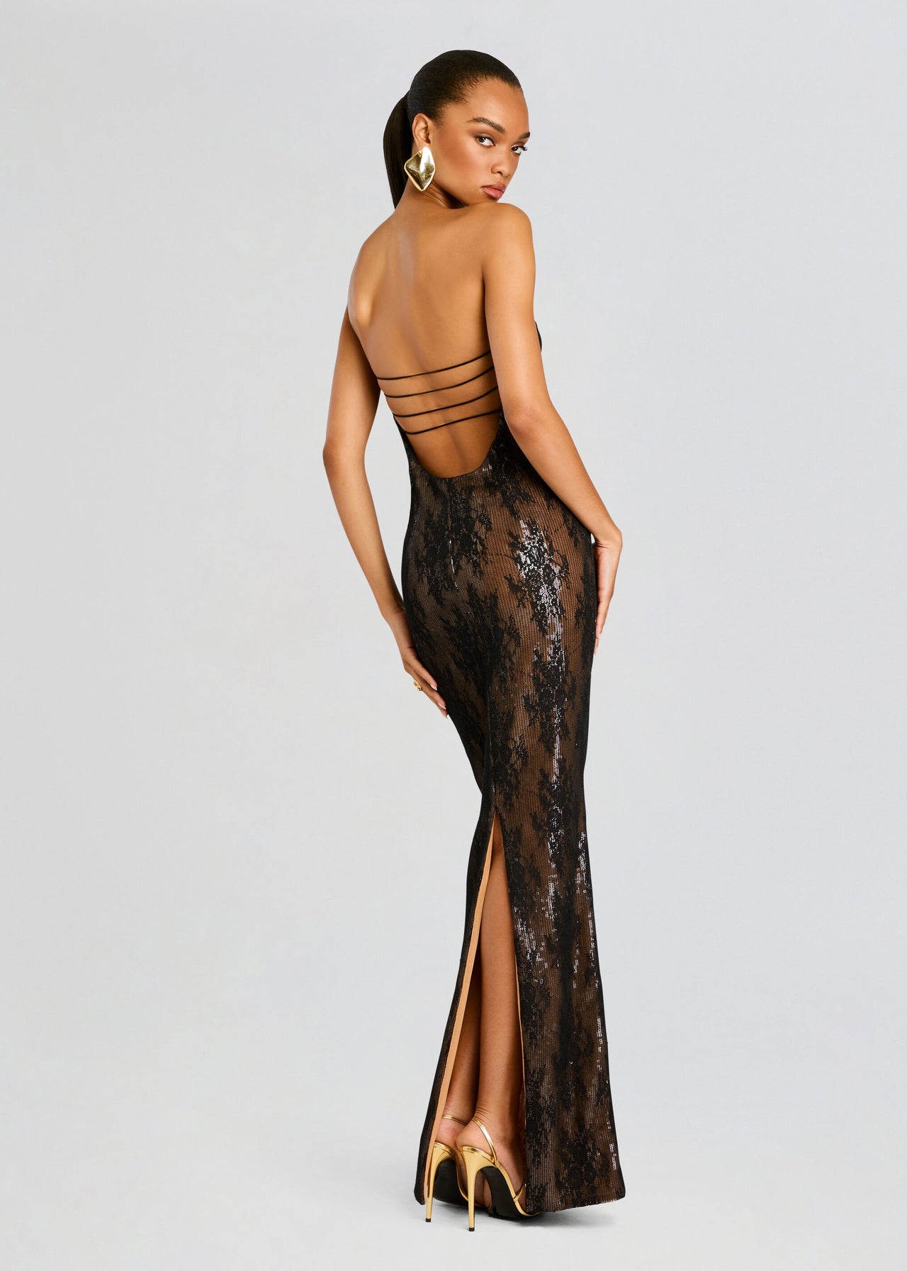 slim fit dress slacks Black Gold Lace Midi Gown – Petite Chérie