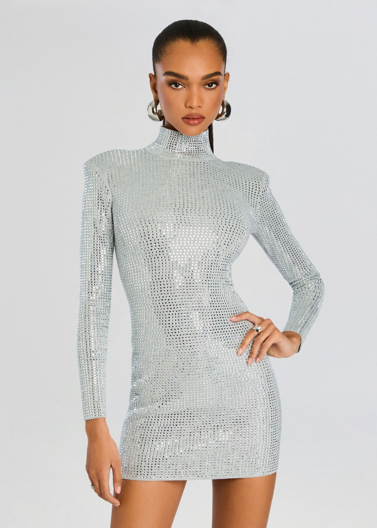 silver glitter long sleeve waist panel shirt dress Silver glitter long sleeve waist panel shirt dress