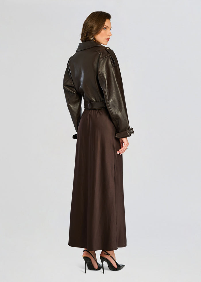 Back view of Einsley Leather Jacket on model showing belt at the waist and shoulder epaulets. media 4 of 5