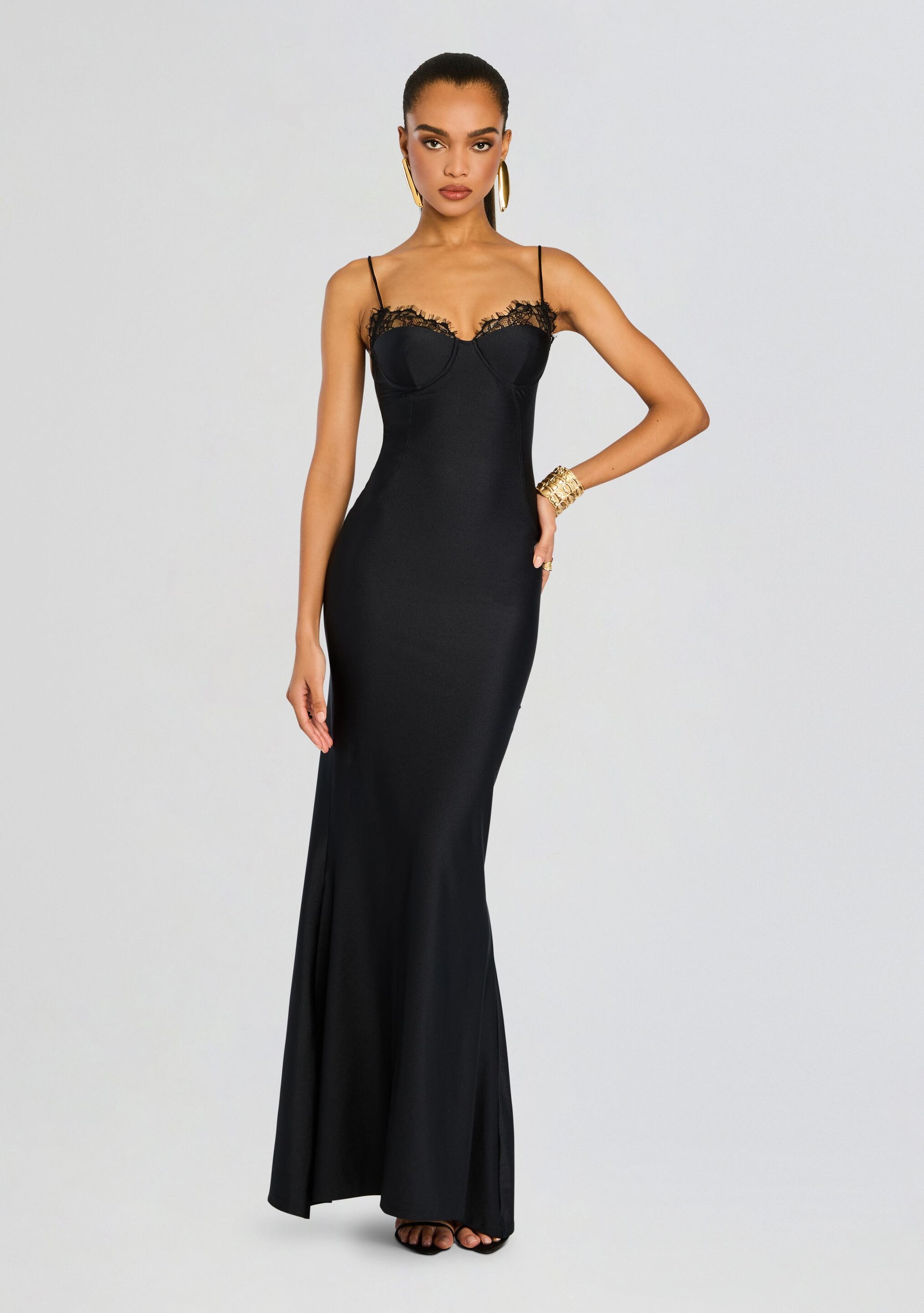knee length dresses for ladies Black Satin Maxi Dress