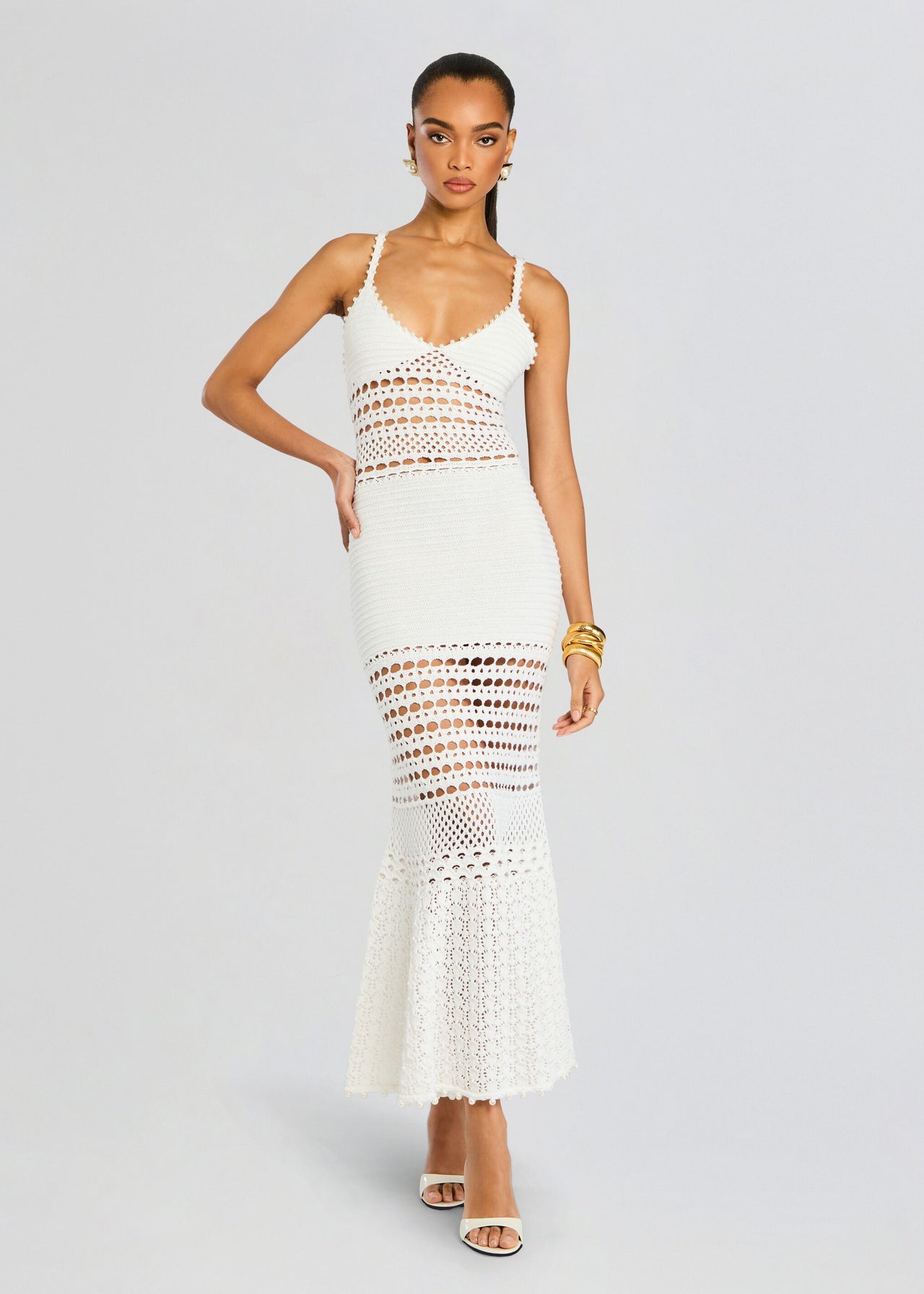 white christmas dresses UNDER THE SEA METALLIC CROCHET MIDI DRESS – AKIRA