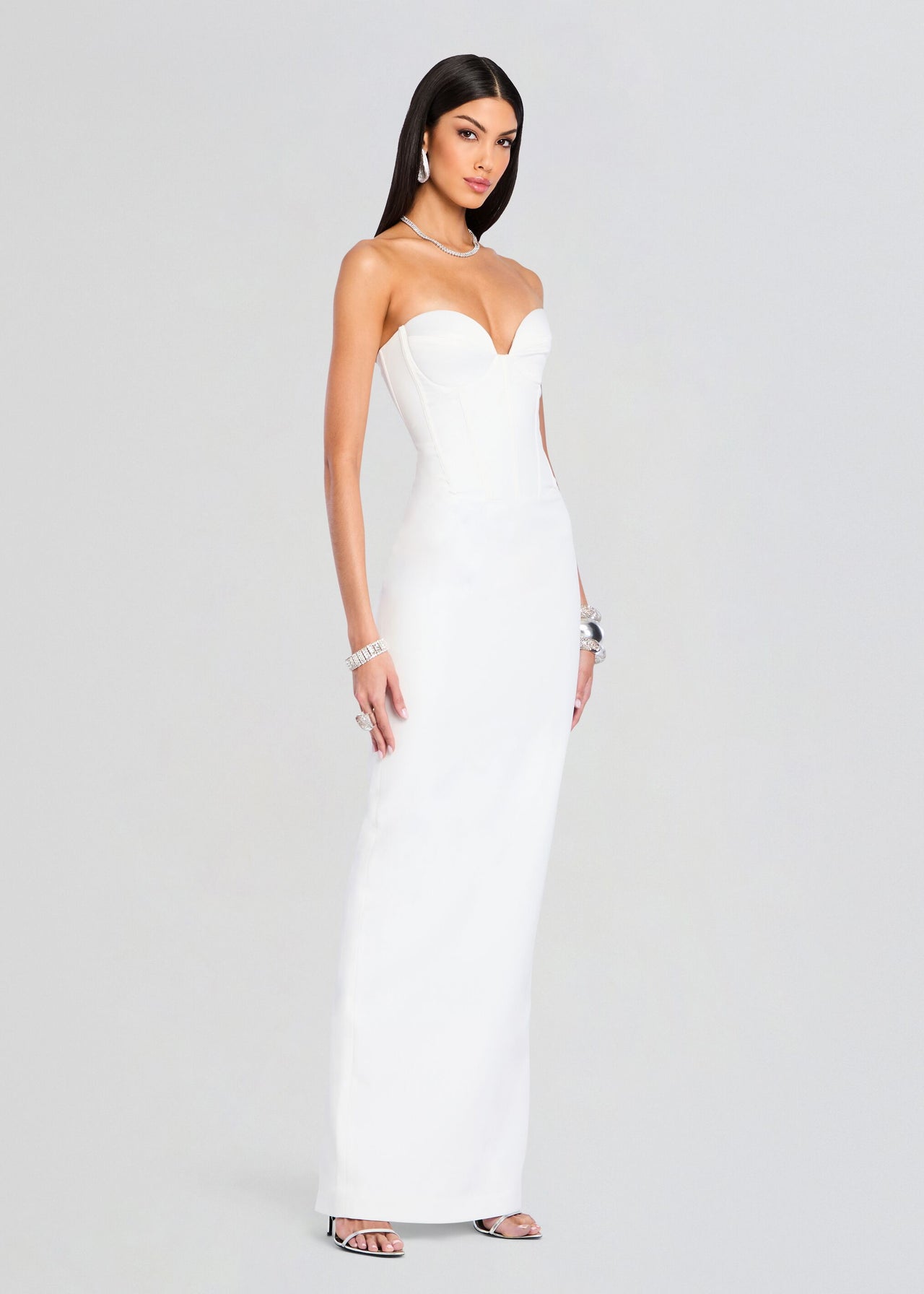 white strapless fitted dress Victoire Tea-Length Dress with Embroidery Ivory with Gold Embroidery / US 2