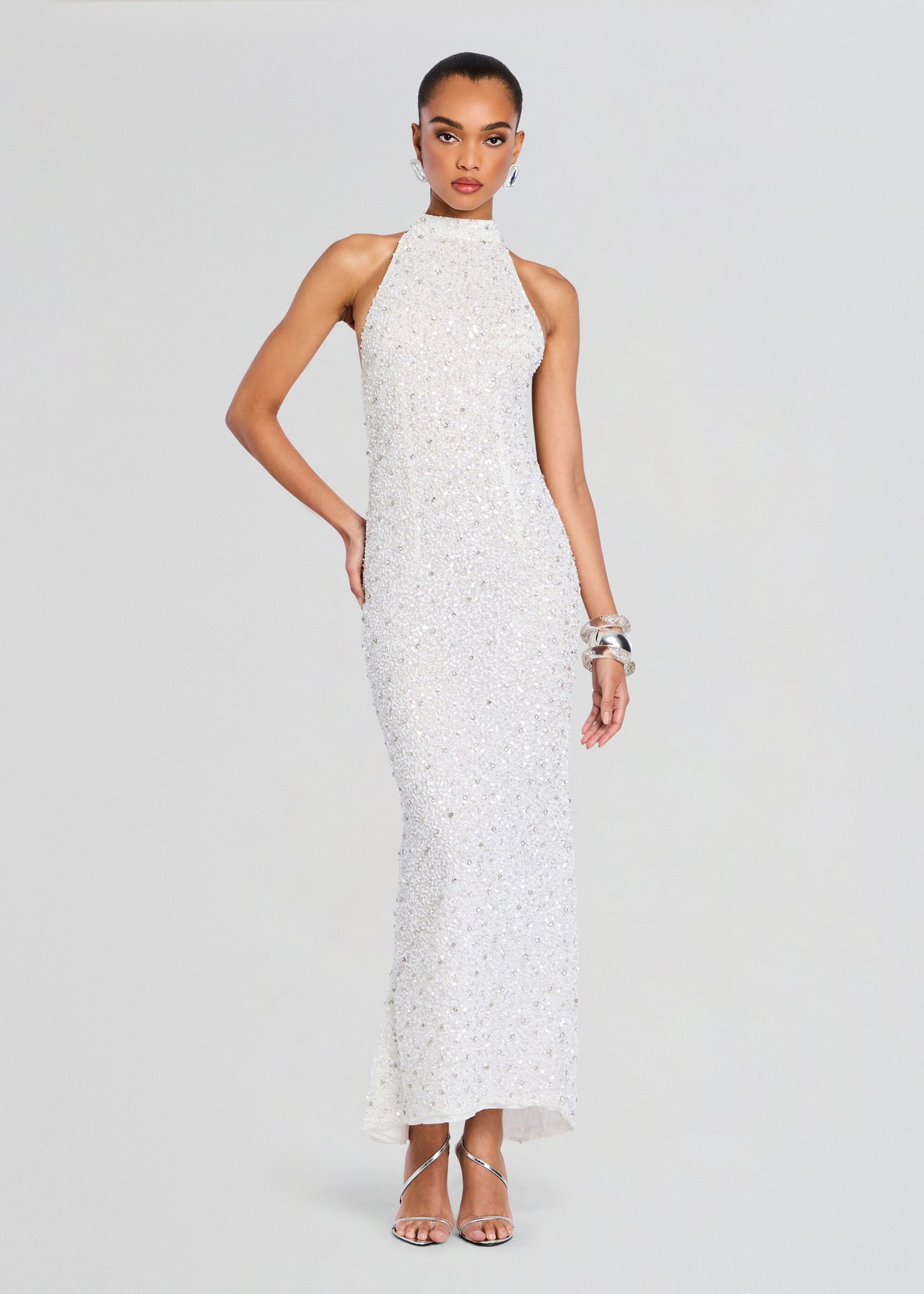 white high neck dress Rinna Satin Halter Maxi / Ivory | MESHKI May be worn with an adhesive bra Shona Joy - La Lune