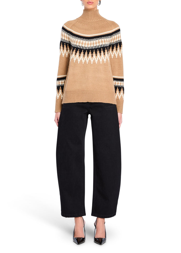 Camel knit turtleneck Everest Sweater with a bold black white tan geometric yoke across chest and sleeves. media 5 of 5