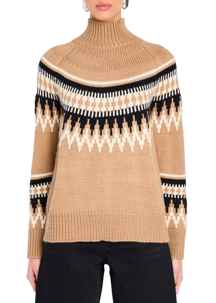 Camel chunky knit turtleneck sweater with black and white geometric yoke pattern across chest and sleeves. media 1 of 5