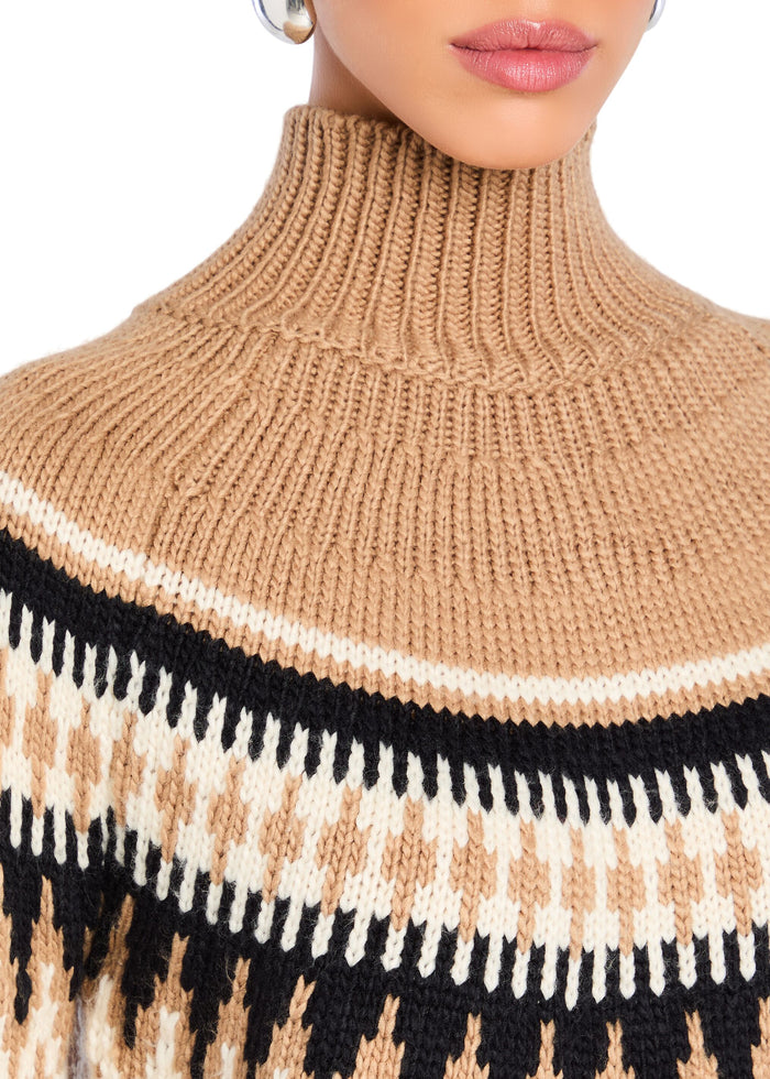 Beige Everest sweater close up with a chunky ribbed turtleneck and white and black geometric pattern. media 2 of 5