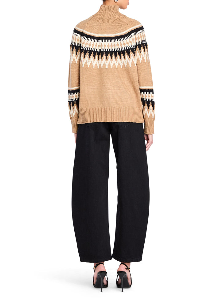 Back view of the beige Everest sweater featuring a tan black white yoke pattern. media 4 of 5