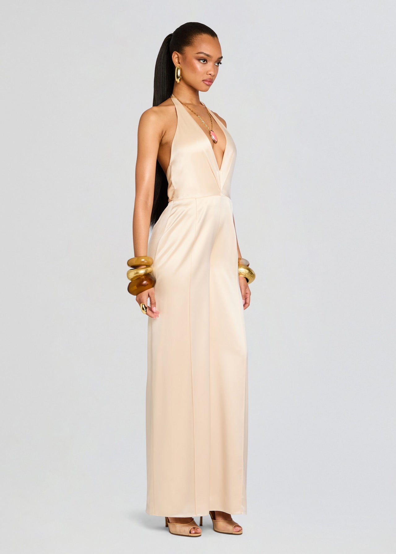 pastel blue dress bridesmaid Cowl Front Satin Bridesmaid Dress - Champagne main image 0