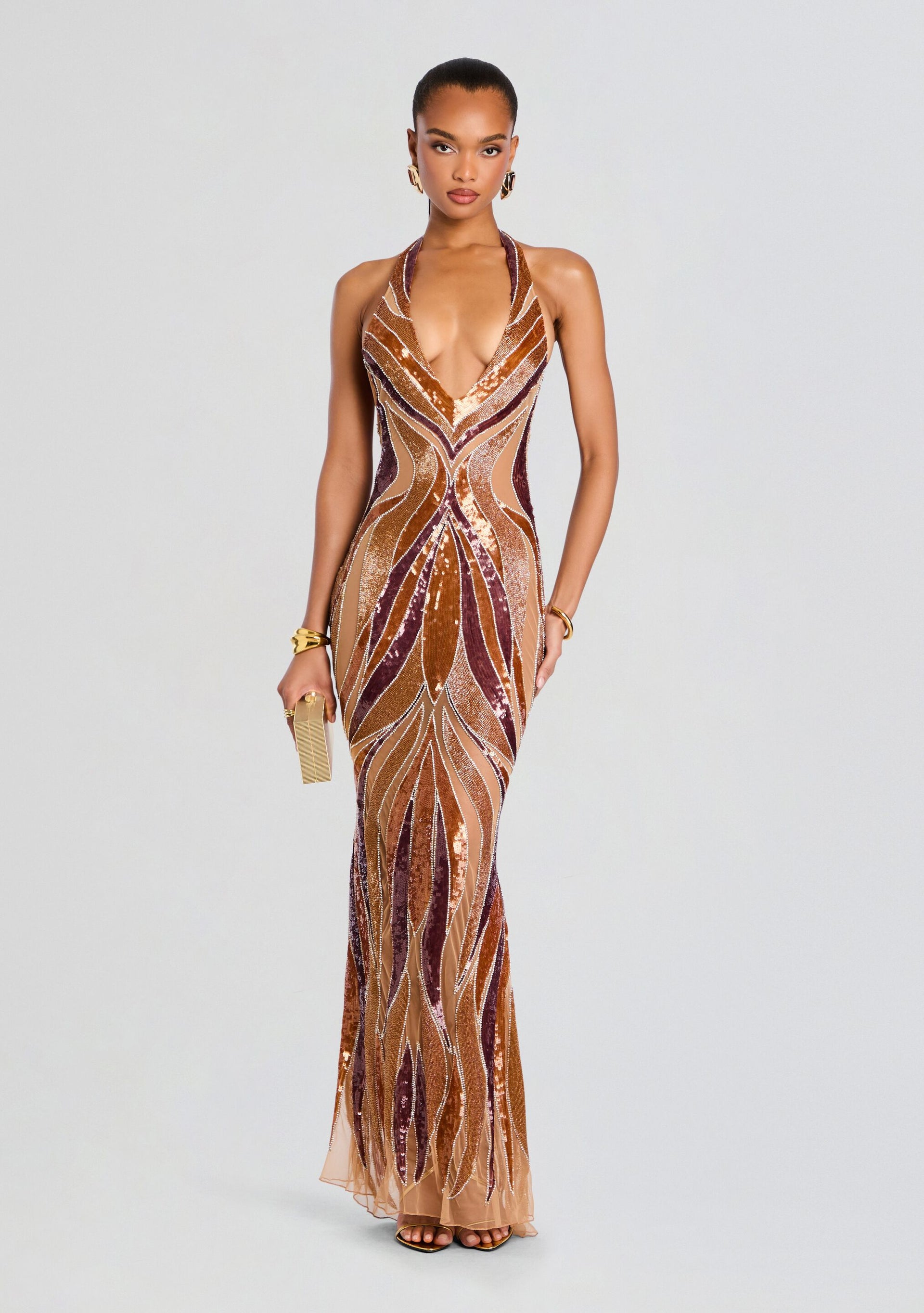 embellished dresses Purple Embellished Cap Sleeve Gown With Fringe Beading