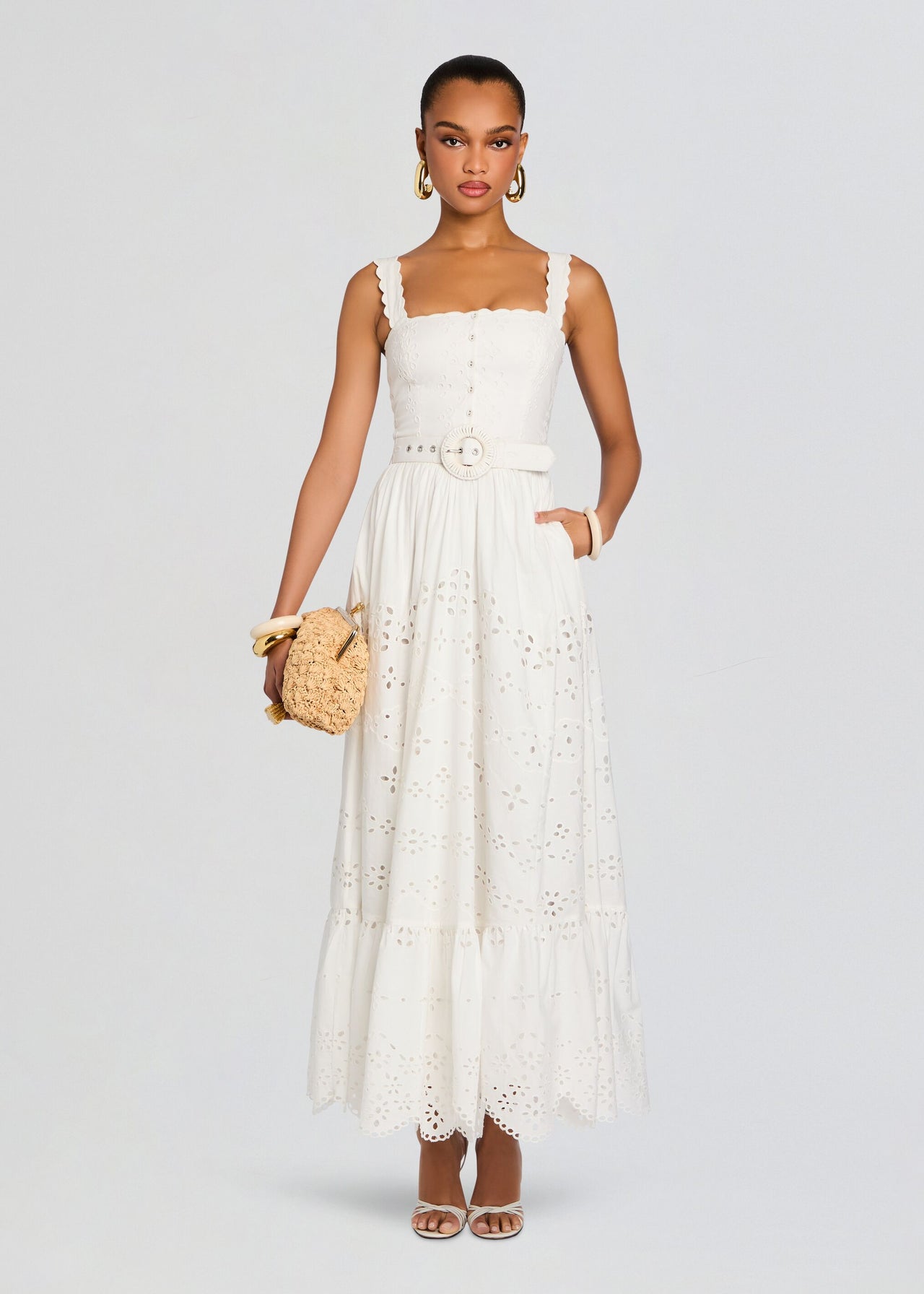 maxi dress with wide belt Hemant & Nandita Lace Maxi Dress in White