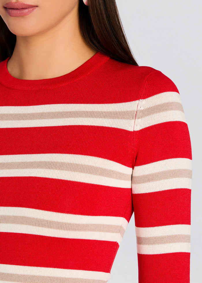 Close up of Cruz Knit Top showing red and cream striped knit at the neckline media 2 of 5