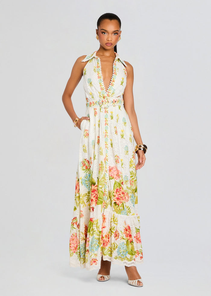 Dhun Long Shirt Dress in white floral print with a deep V neckline halter straps and belted waist media 1 of 5