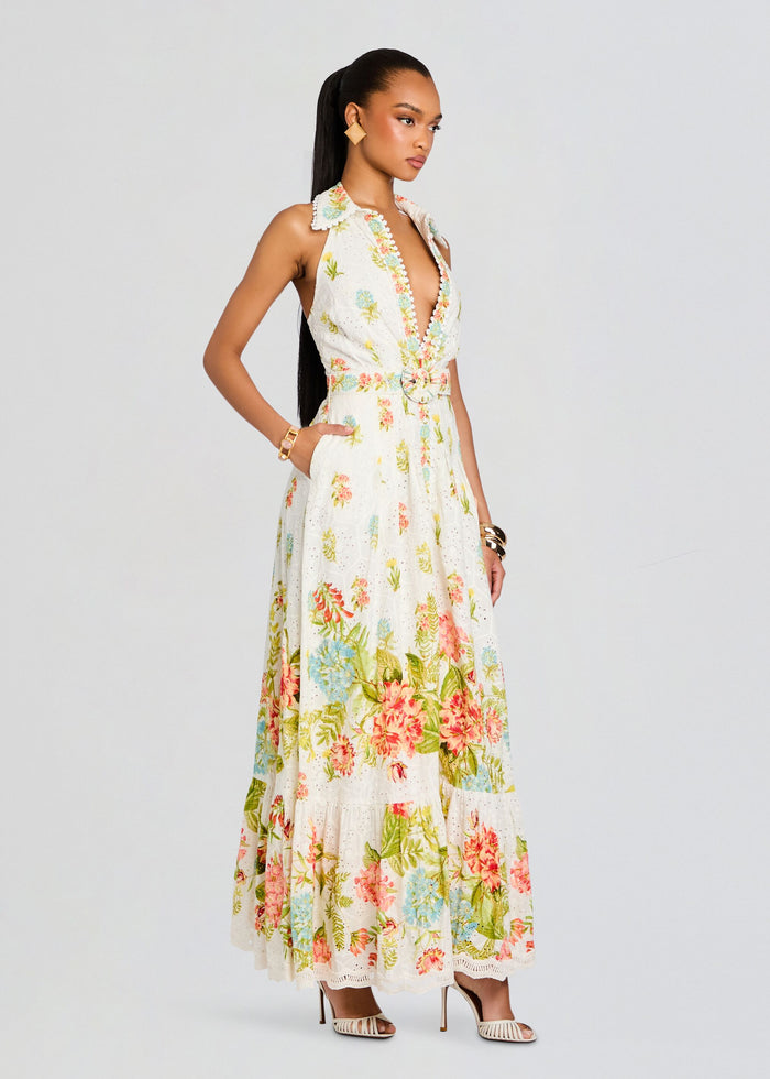 Dhun Long Shirt Dress in white with pastel floral print, deep V neckline, belted waist, and a long tiered skirt. media 3 of 5