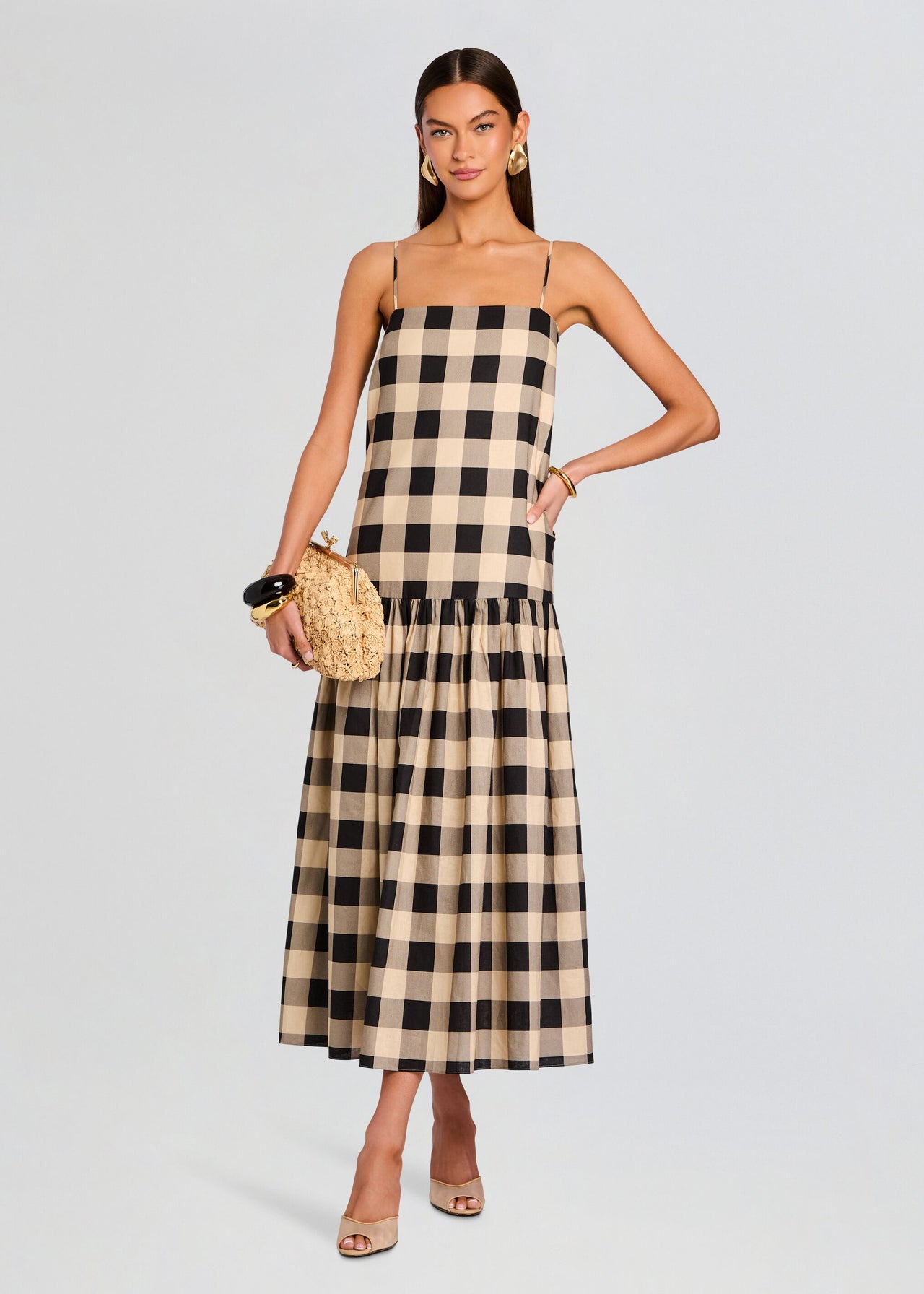 blue dress for baby girl Gingham Check Strap Long Dress Beige – Effortless Daily Style main image 0