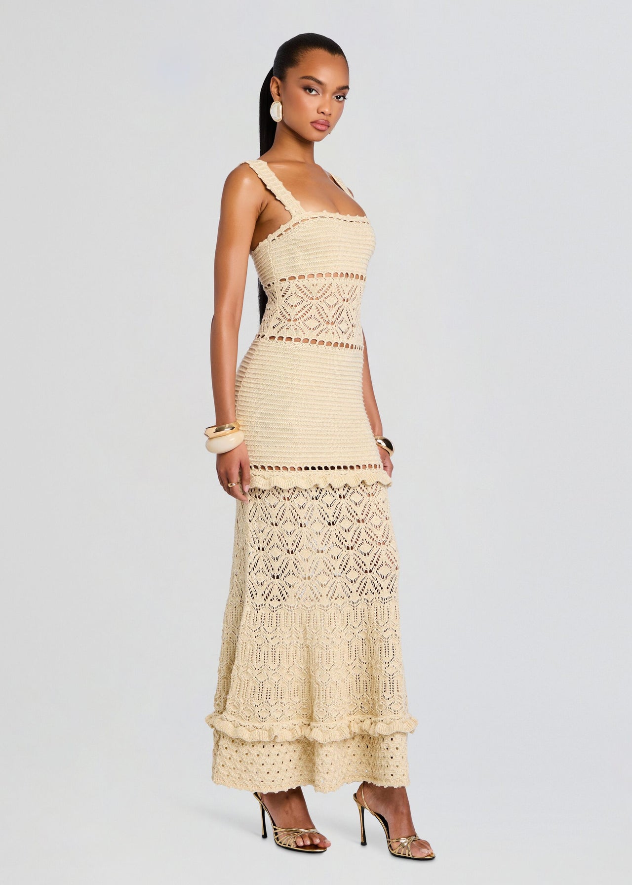 slim fit dress slacks Bow-Detail Ruched Maxi Dress in Ivory main image 1