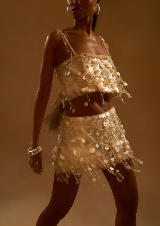 Rettie Embellished Skirt in gold with circular discs and fringe