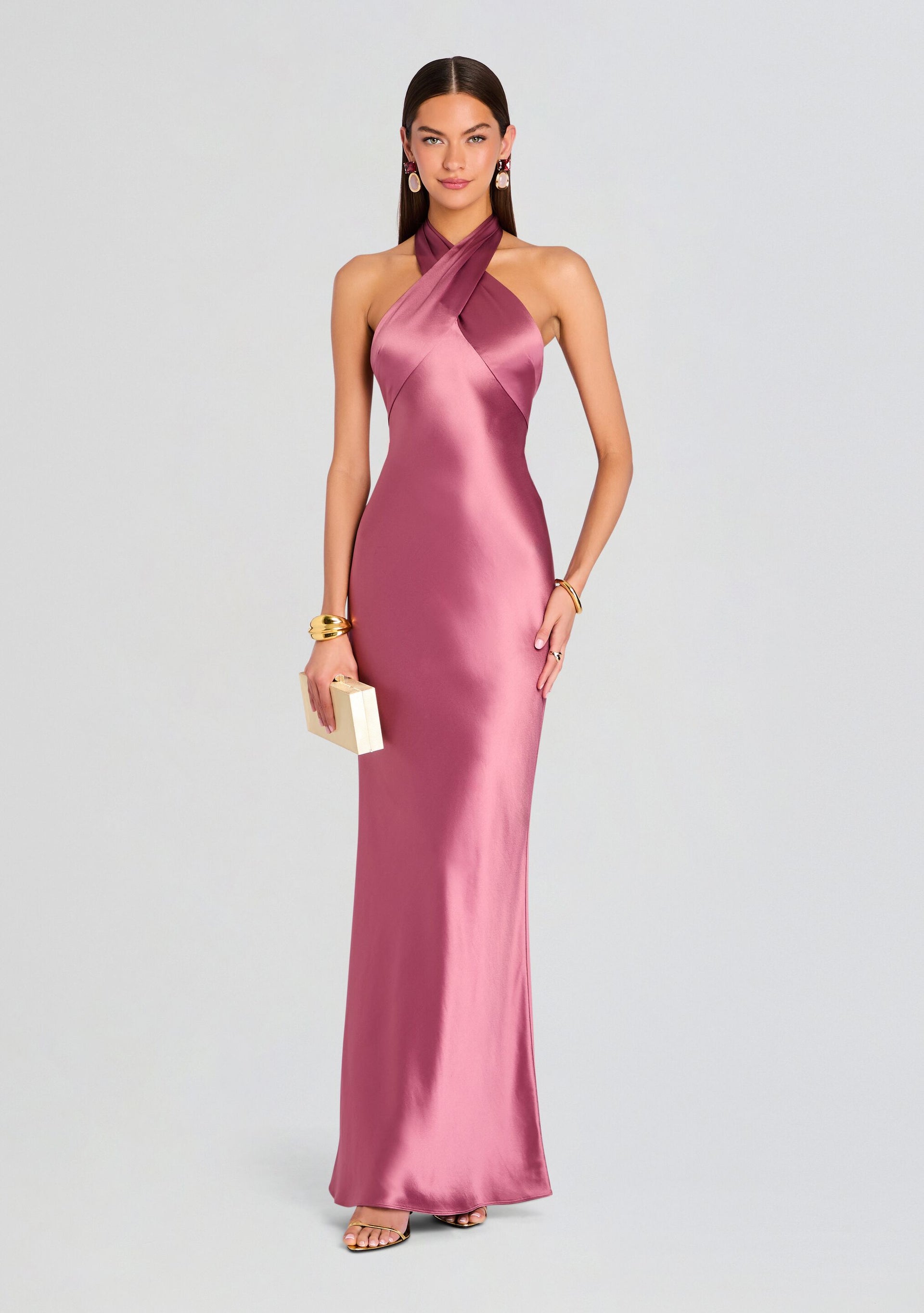 chinese dress ladies Rarity Satin Lace Halterneck Maxi Dress Champagne– Selfie Leslie main image 1