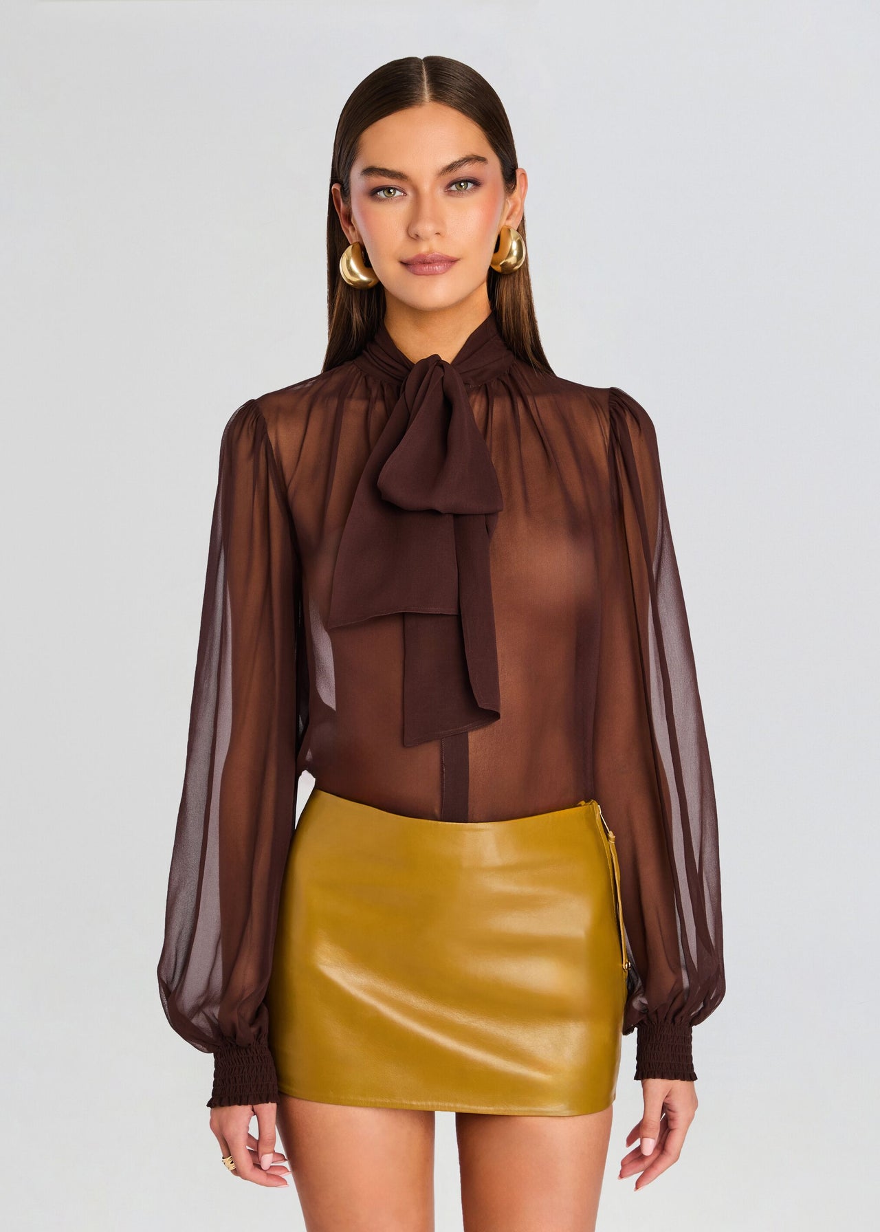 tobacco sleeves retroféte Women's Hasli Silk Chiffon Top - Brown