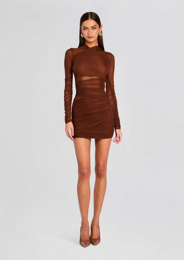 Moxey Ruched Mesh Mini Dress