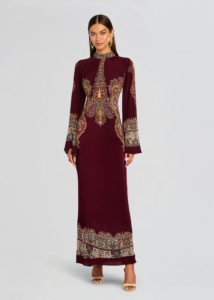 Shifa Long Dress in burgundy with ornate paisley print, high neck and long sleeves. media 5 of 5