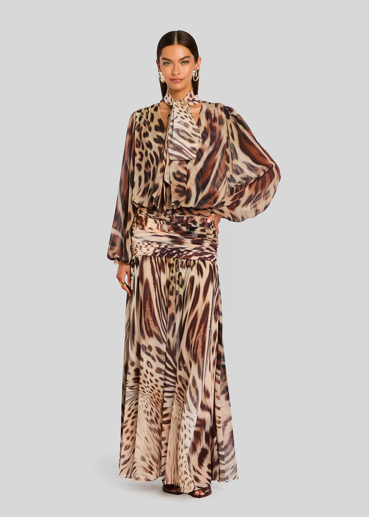 animal print maxi dress with sleeves retrofete Opaline Dress in Ivory