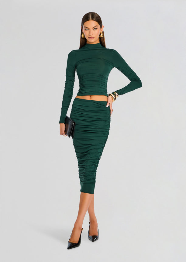 Darcy Mid Rise Ruched Midi Skirt