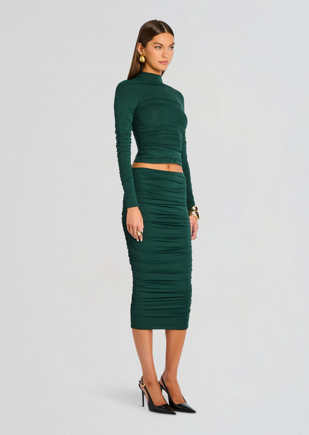 Darcy Mid Rise Ruched Midi Skirt