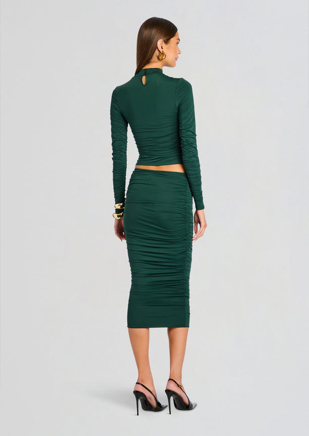 Darcy Mid Rise Ruched Midi Skirt