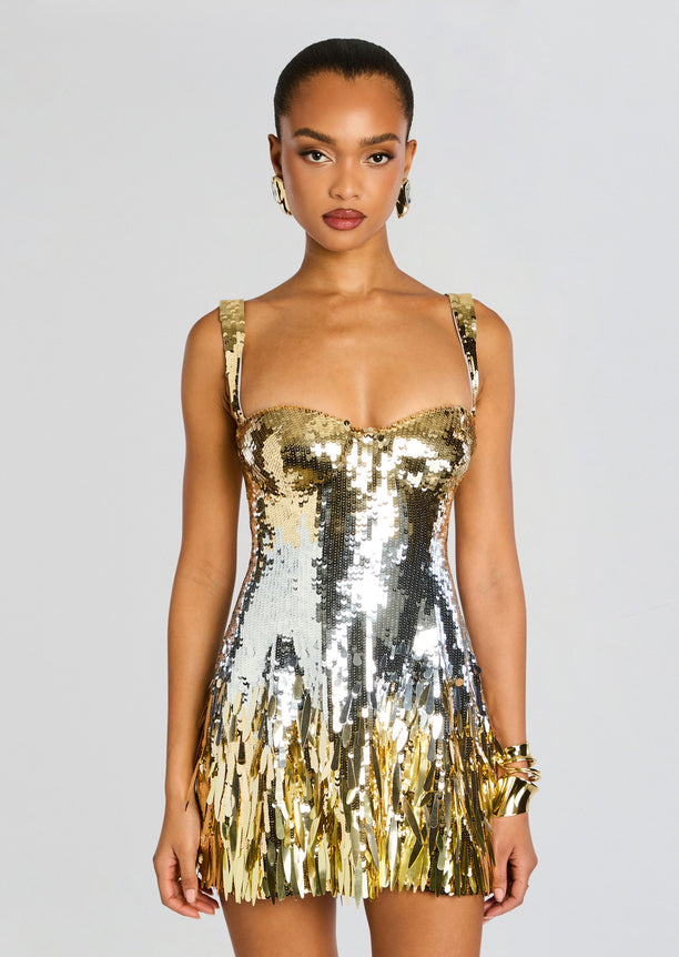 Front close up of Brianka Sequin Dress highlighting the gold and silver sequins on the bodice and skirt