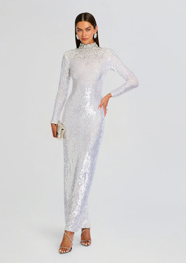 Silver sequined Elisha Embellished Dress with a jeweled high neckline on a model